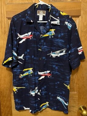 Kalaheo Men’s Navy Blue Hawaiian Shirt with Airplane Print Men’s Size Large
